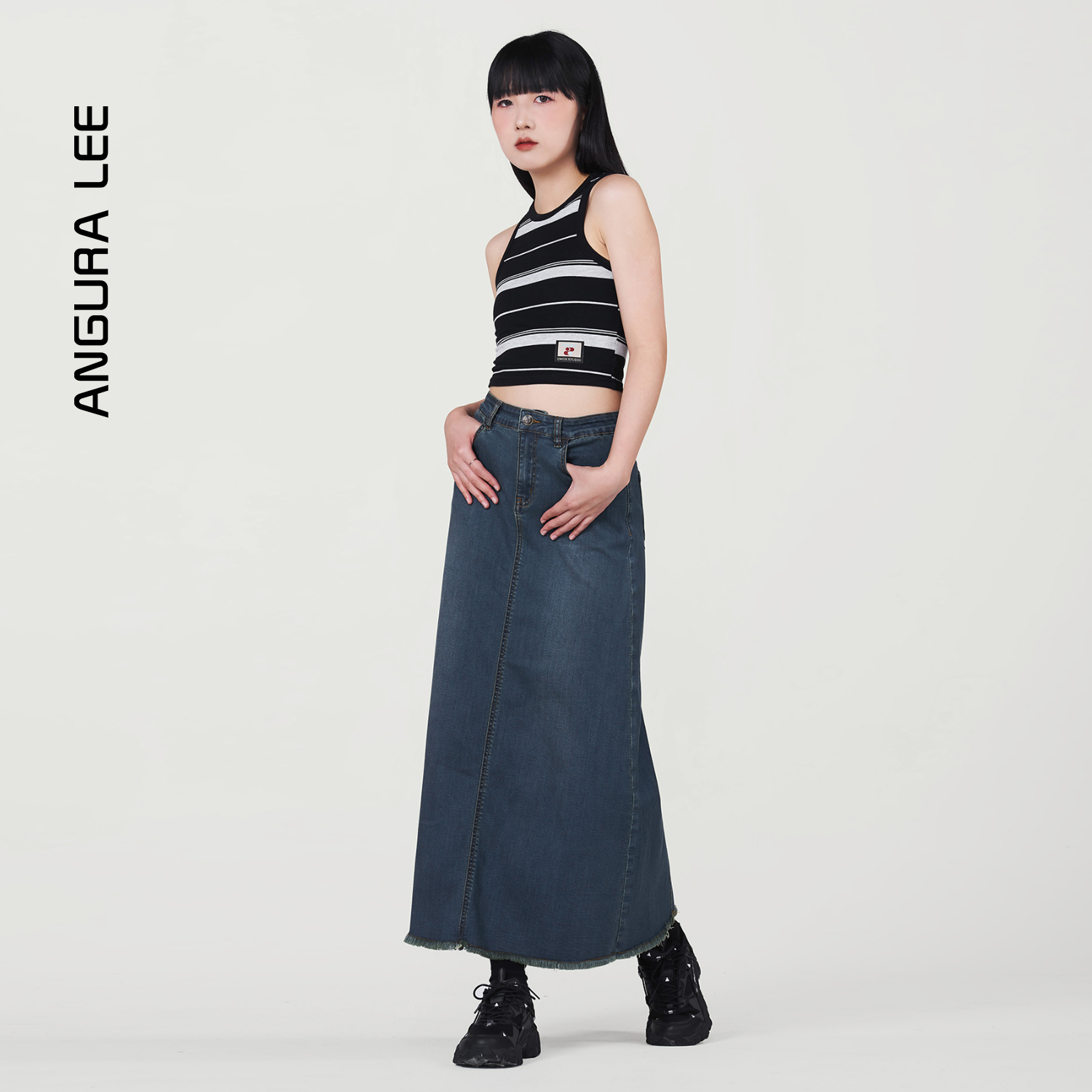 春夏經典水洗復古深藍女裝牛仔高腰半裙